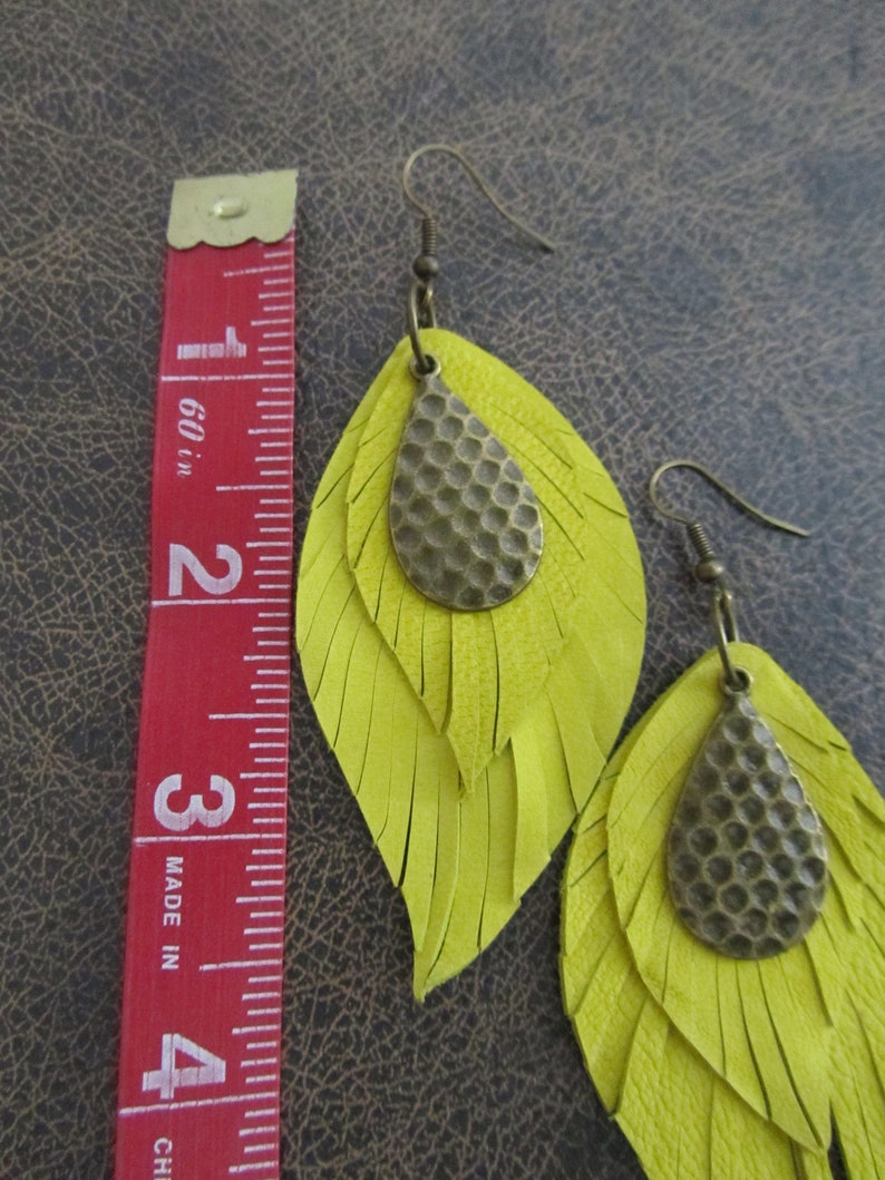 Leather earrings, yellow feather earrings, boho chic earrings, bohemian earrings, bold statement earrings, unique hippie earrings image 2