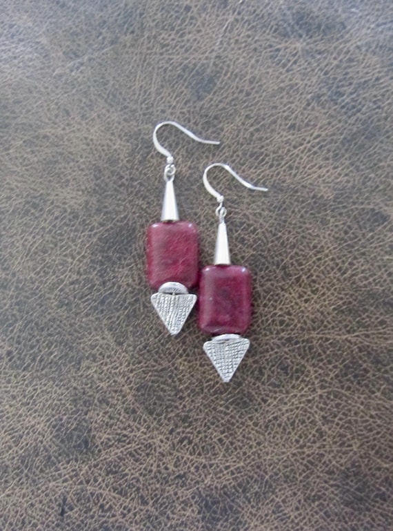 Cranberry riverstone and silver earrings