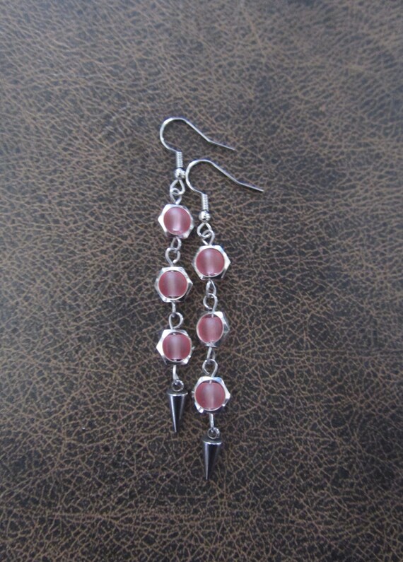 Long pink frosted glass and silver hexagon earrings