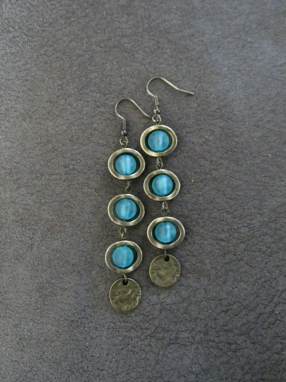 Long bohemian teal frosted glass and bronze earrings