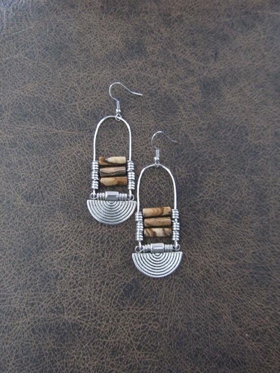 Picture jasper and silver ethnic statement earrings
