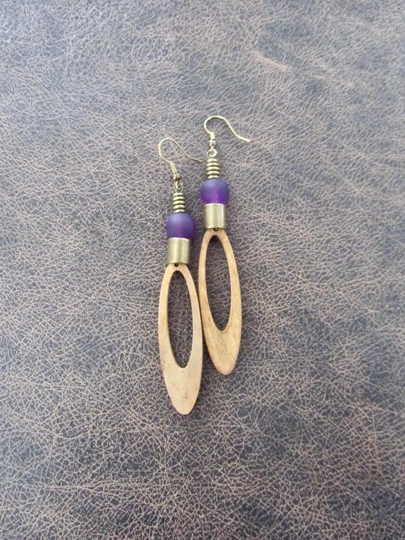 Long Wood & Purple Glass Earrings: Afrocentric Bohemian Jewelry 2