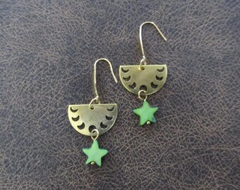 Brass and green mother of pearl shell earrings