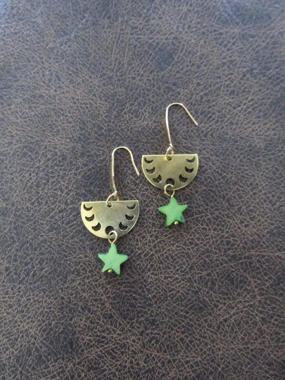 Brass and green mother of pearl shell earrings