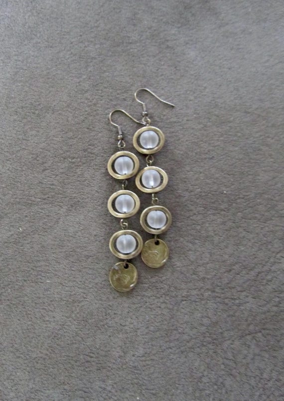 Long frosted glass and bronze earrings