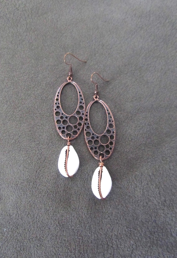Copper mid century cowrie shell earrings