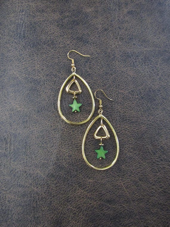 Gold and green mother of pearl shell star teardrop hoop earrings