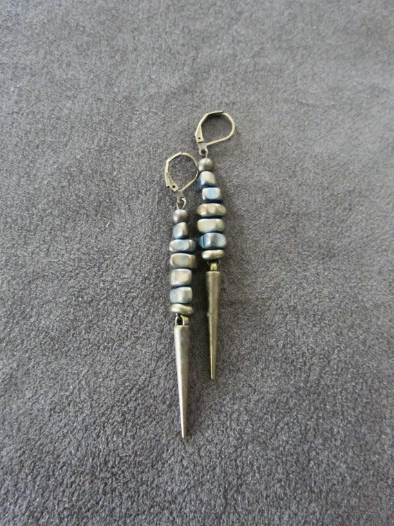 Abstract teal nugget and bronze spike earrings