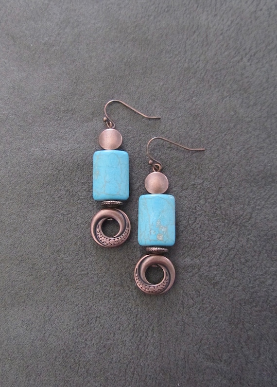 Turquoise earrings, blue howlite tribal earrings, boho earrings, long chic earrings, bohemian earrings, ethnic earrings, rustic copper