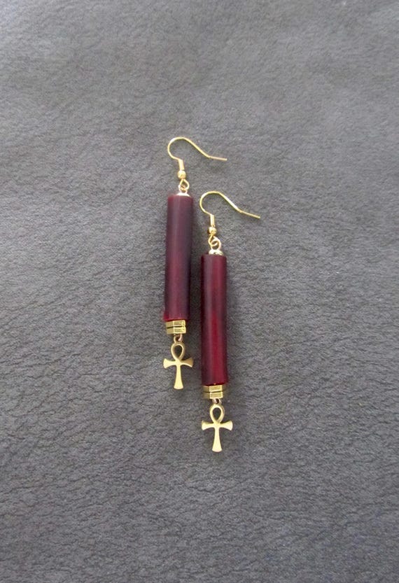 Red bone and brass ankh earrings
