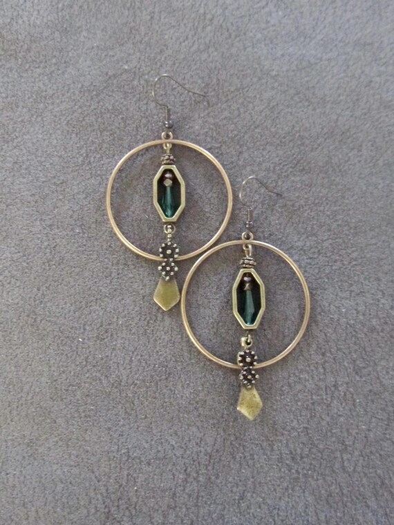 Bronze and green glass hoop earrings