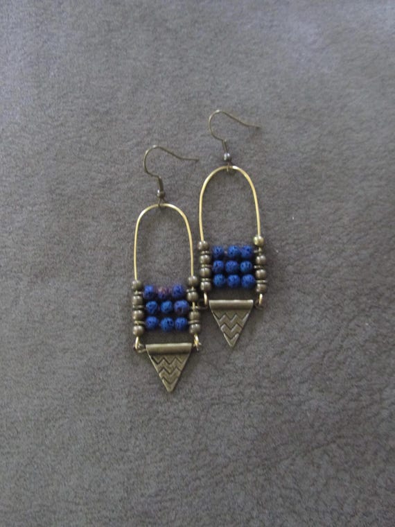 Lava rock and etched bronze earrings