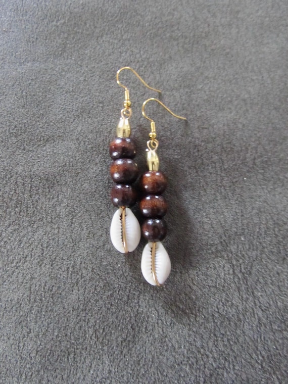 Simple wooden and cowrie shell earrings