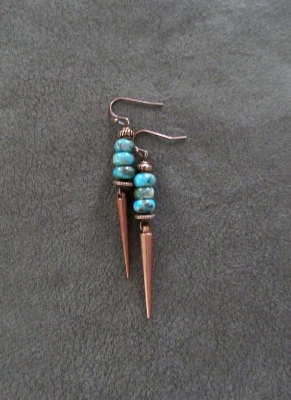 Unique spike and turquoise stone earrings copper