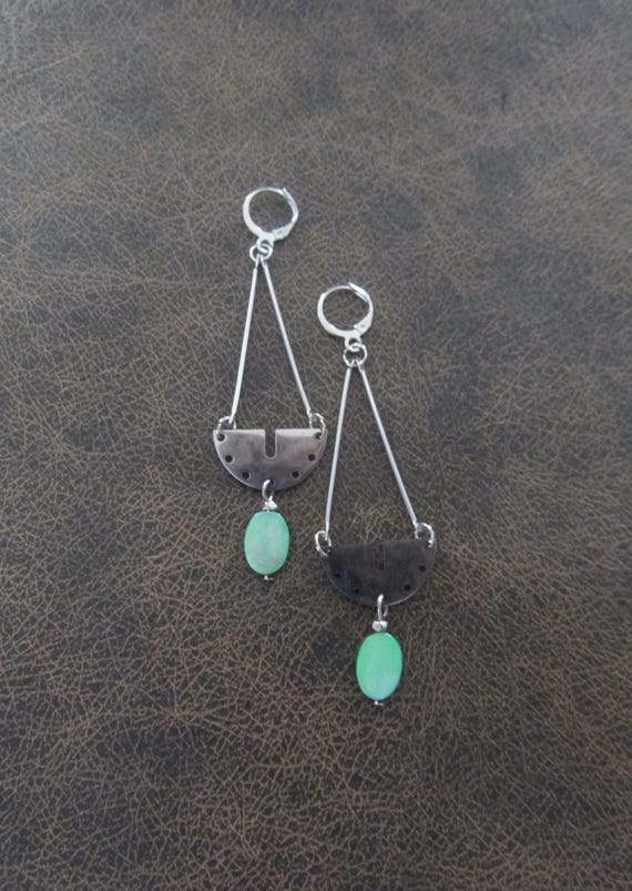 Green mother of pearl shell and silver earrings 2