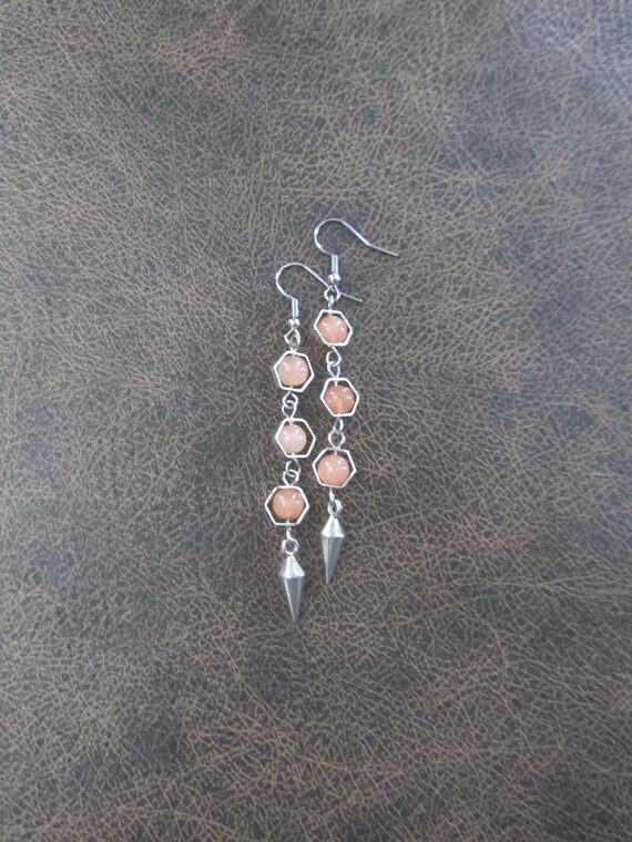 Silver and peach agate geometric hexagon earrings