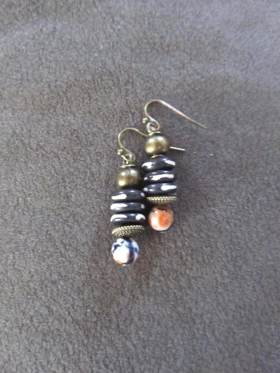 Batik print stone and bronze earrings