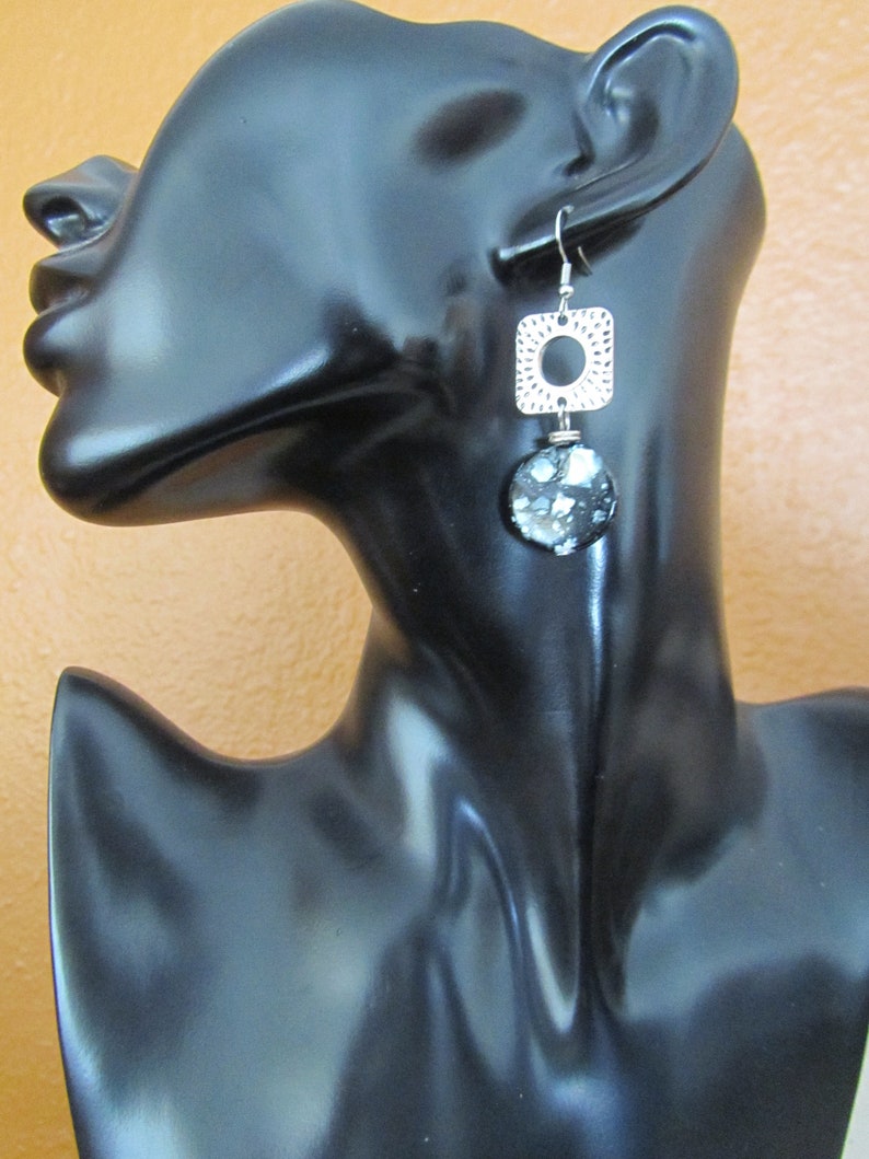 Mid century modern black mother of pearl and silver earrings 2 image 2