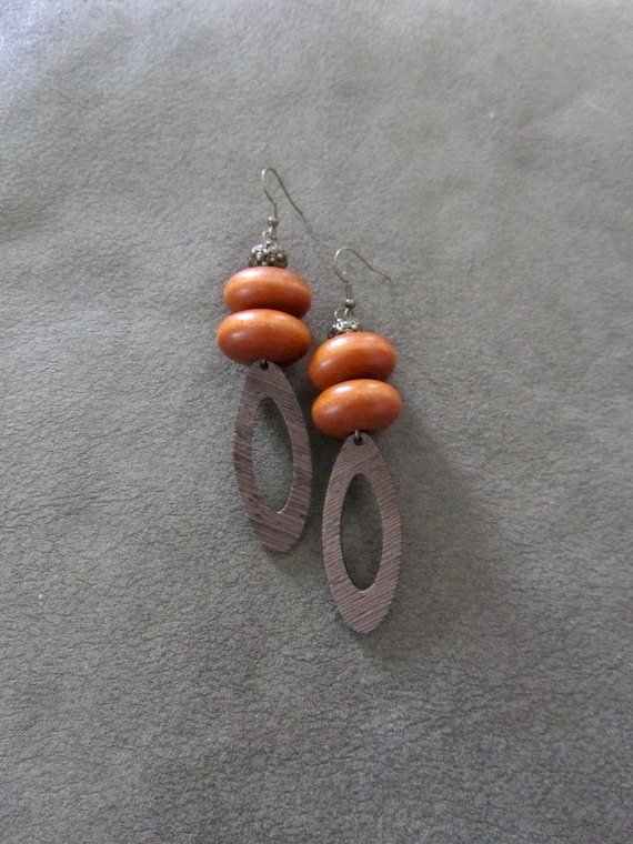 Chunky wooden geometric earrings, orange