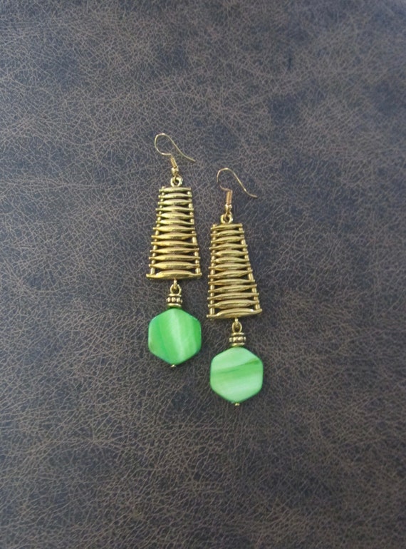 Mid century modern earrings gold and green mother of pearl shell earrings