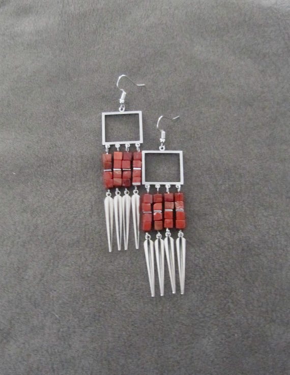 Silver chandelier and red jasper earrings