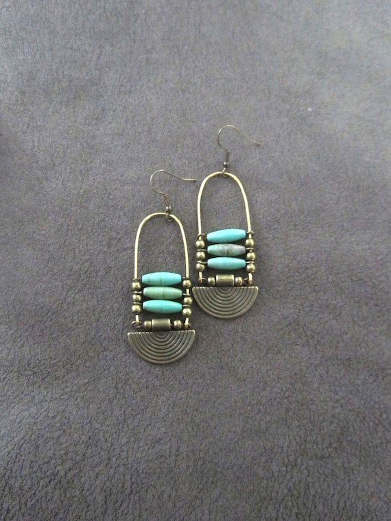 Bronze Tribal Earrings: Teal Ceramic Boho Dangles
