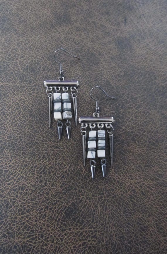 Marble stone and gunmetal chandelier earrings