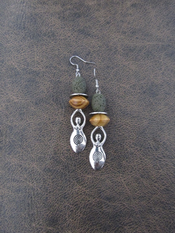 Goddess earrings, African statement earrings, khaki green tribal earrings, primitive earrings, boho chic, female figure