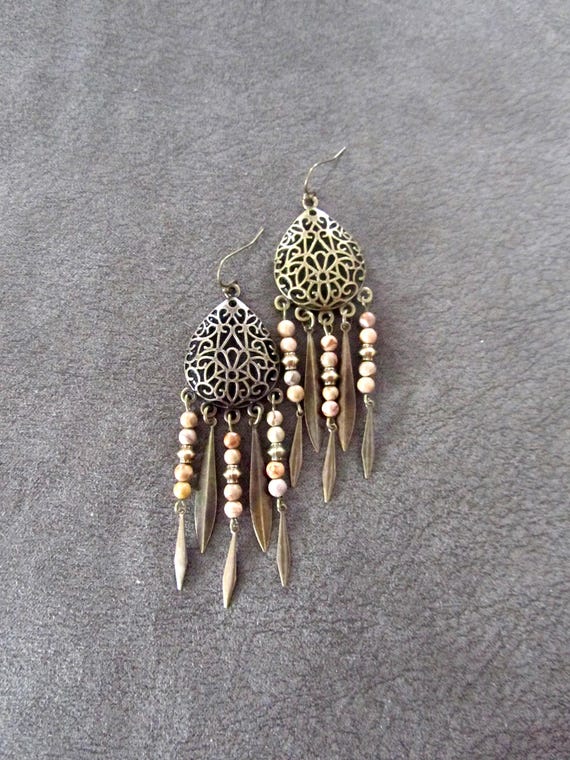 Tiger jasper long bohemian chandelier earrings, bronze