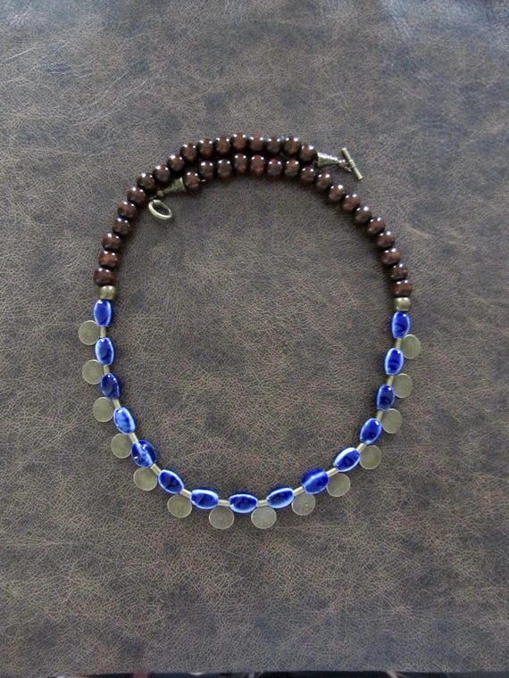 Ceramic and wooden beaded necklace, royal blue