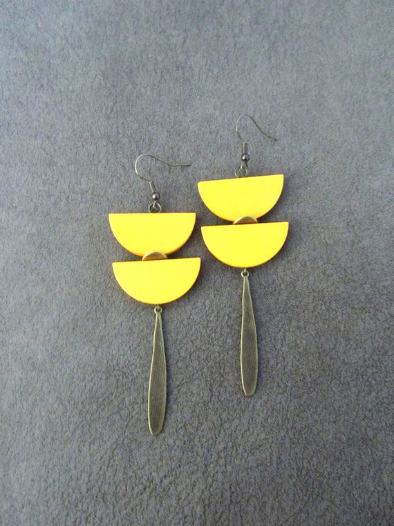Yellow Wood Dangle Earrings: Brass Afrocentric Geometric Statement Earrings