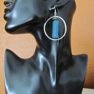 Silver hoop and blue frosted glass earrings image 3