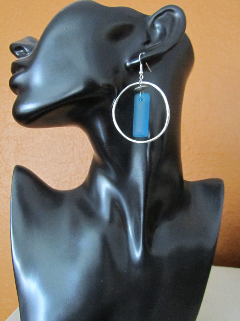 Silver hoop and blue frosted glass earrings image 3