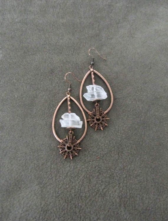 Raw quartz crystal earrings, rustic boho copper unique earrings, geode natural bohemian hoop