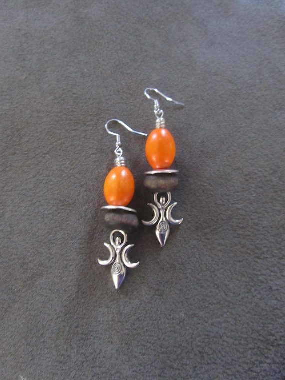 Orange wooden bohemian goddess earrings