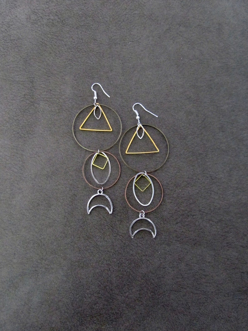 Long geometric earrings, mixed metal earrings, exotic hippie earrings image 1