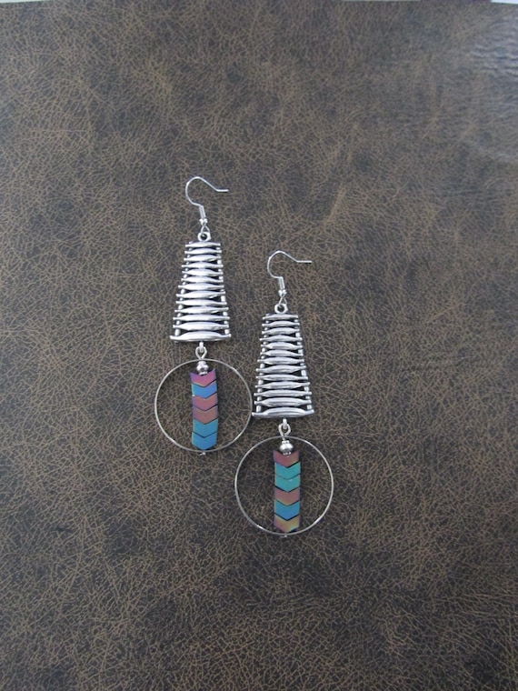 Silver geometric industrial earrings multicolor
