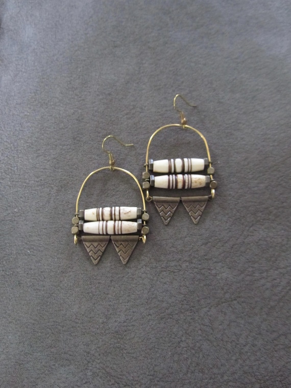Chandelier earrings tribal white bone ethnic statement earrings, chunky bold earrings, African Afrocentric Nubian earrings, bronze