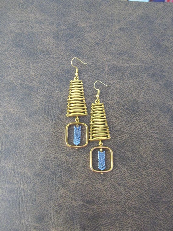 Gold geometric earrings, blue arrow earrings, mid century modern