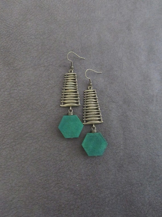 Mid century modern earrings, green wooden hexagon earrings