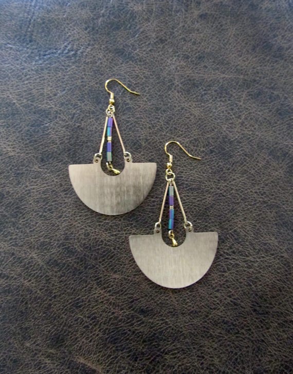 Gold and multicolor hematite mid century modern statement earrings