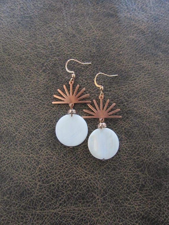 White mother of pearl and copper star burst earrings