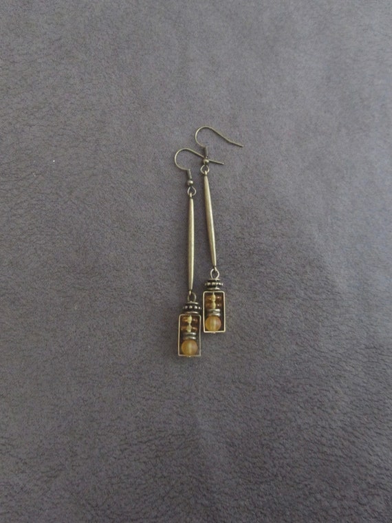 Sea glass earrings, bohemian earrings, beach earrings, brass boho earrings, long orange dangle earrings, artisan ethnic earring, simple chic