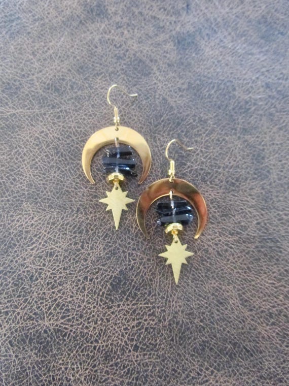 Raw quartz crystal earrings, black and gold