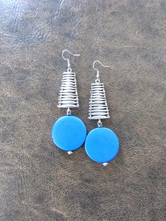 Large silver chunky statement earrings, blue
