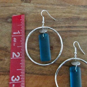 Silver hoop and blue frosted glass earrings image 2
