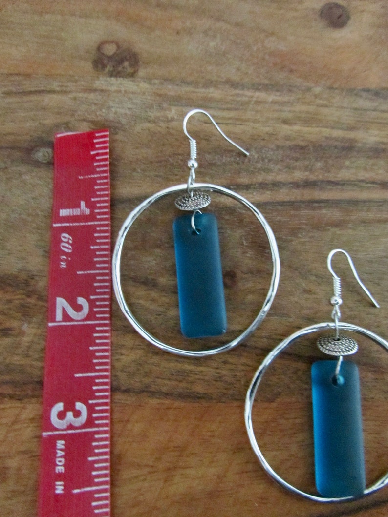 Silver hoop and blue frosted glass earrings image 2