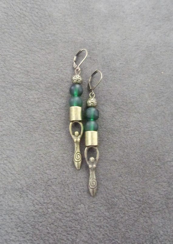 Green frosted glass and bronze goddess earrings