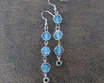 Silver and blue geometric hexagon earrings