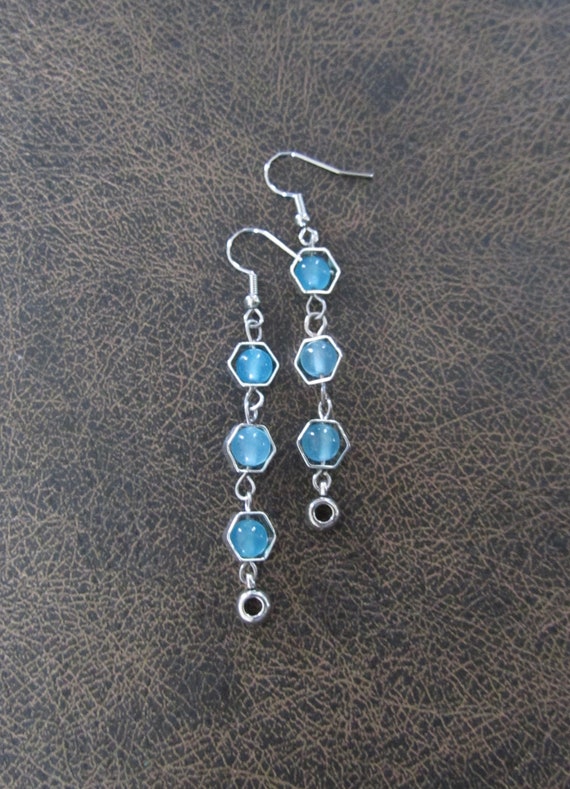 Silver and blue geometric hexagon earrings